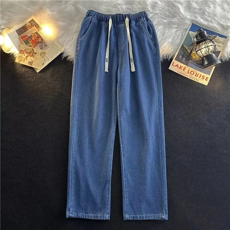 Trendy Loose Straight Leg Jeans Elastic Waist Slim Fit Wide Leg Pants Solid Color Summer New Arrival Versatile Casual Trousers