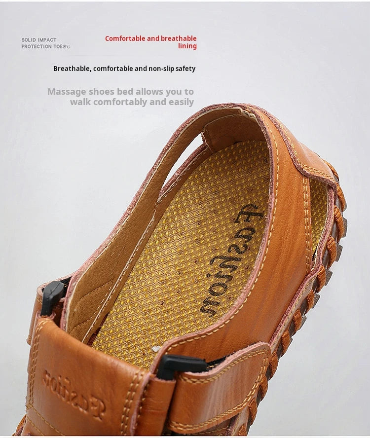 2024 Classic Brand Trend Brown Men's Sandals Handmade Soles Durable Men's Camping Beach Shoes Anti Slip Hollow Casual Shoes