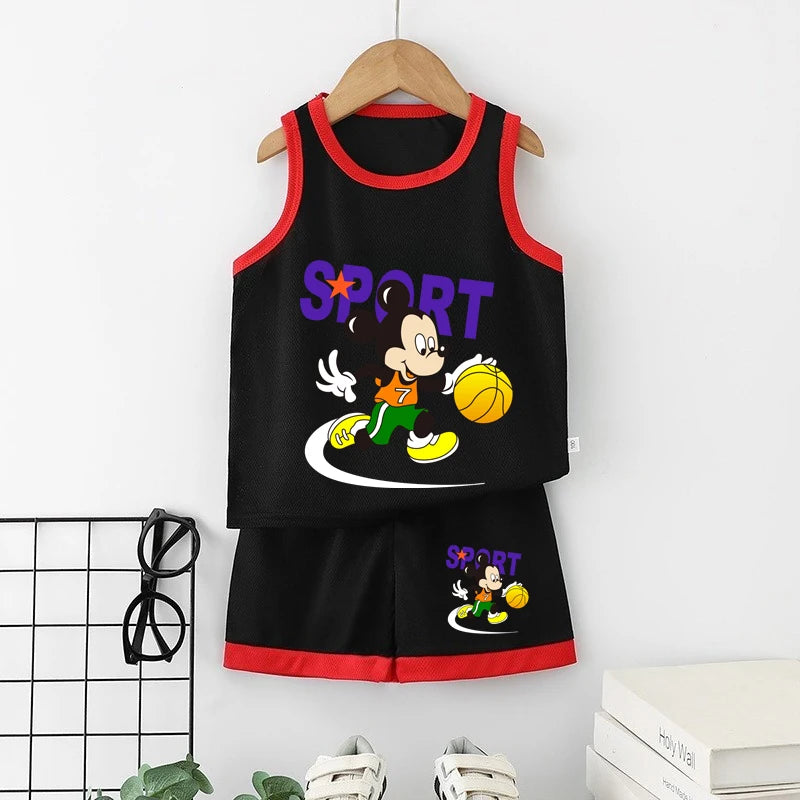 Disney Summer Thin Tracksuits New 2pcs Toddler Boys Fashion Casual Loose Vest Tops+Shorts Kid Cartoon Printed Simple Outfits