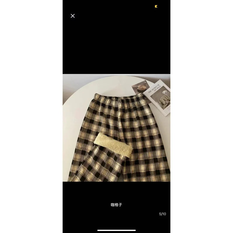 High Waist Straight Leg Pants Women's Autumn Winter Thickened Fleece Lamb Velvet Plaid Pants Loose Wide Leg Casual Trousers