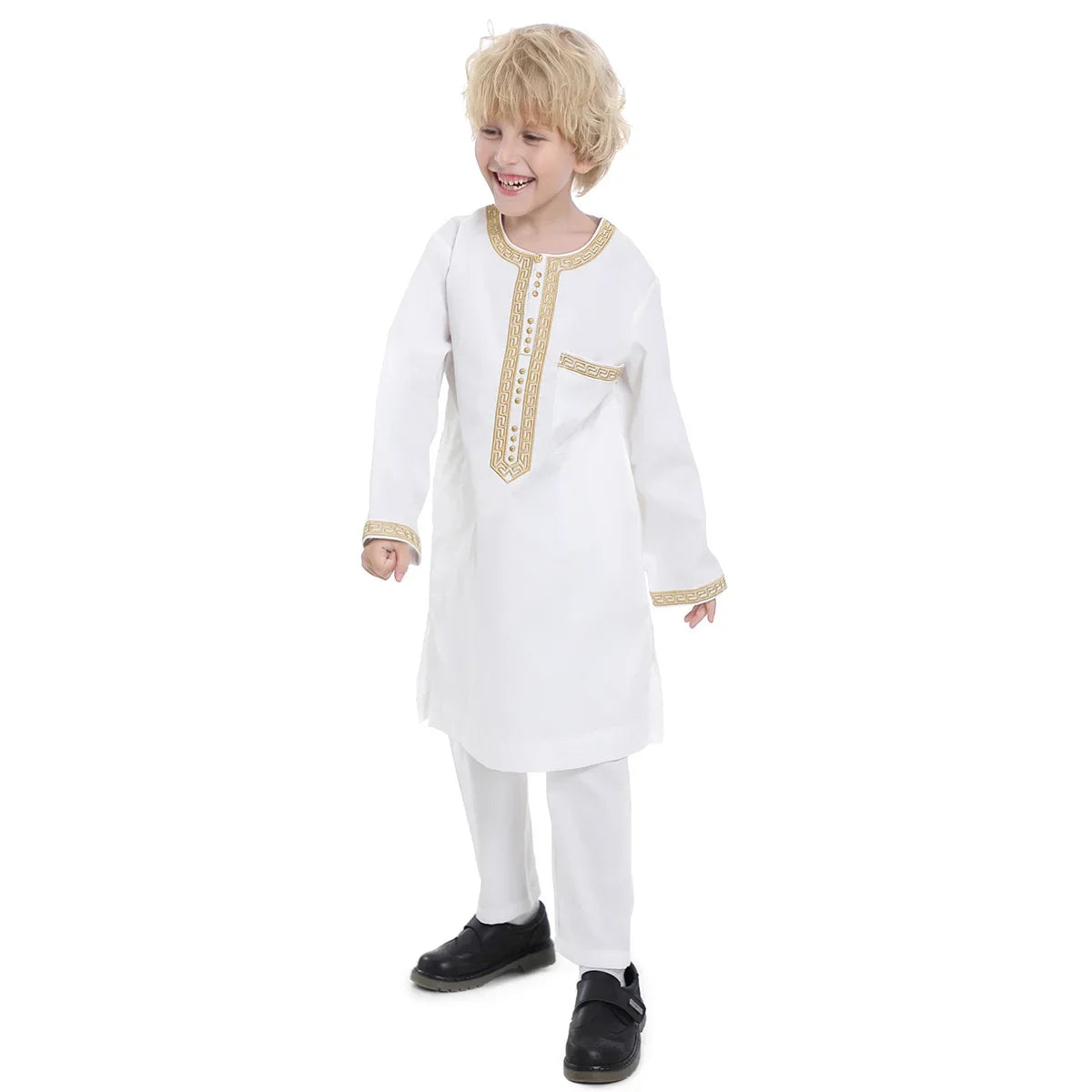Muslim Children Robe 2 Pieces Set Kids Boy Round Neck Long Sleeve Printed Dress Shirt Abaya Kaftan Jubba Thobe Islamic Clothing