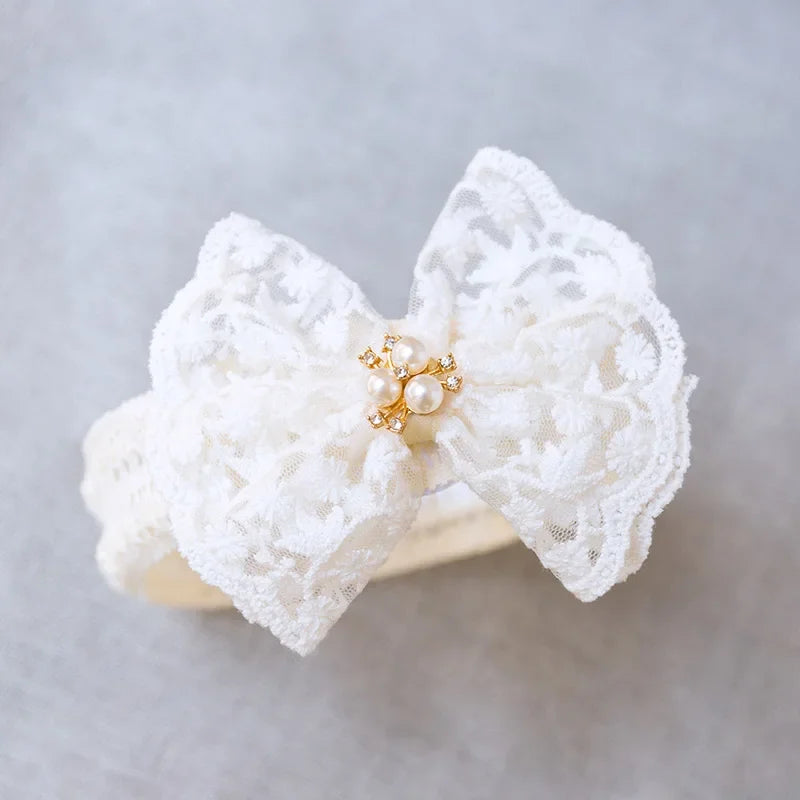 Lace Bow Princess Baby Hairbands Sweet Girl Pearl Bowknot Headdress Newborn Elastic Headband Headwear Kids Photography Props