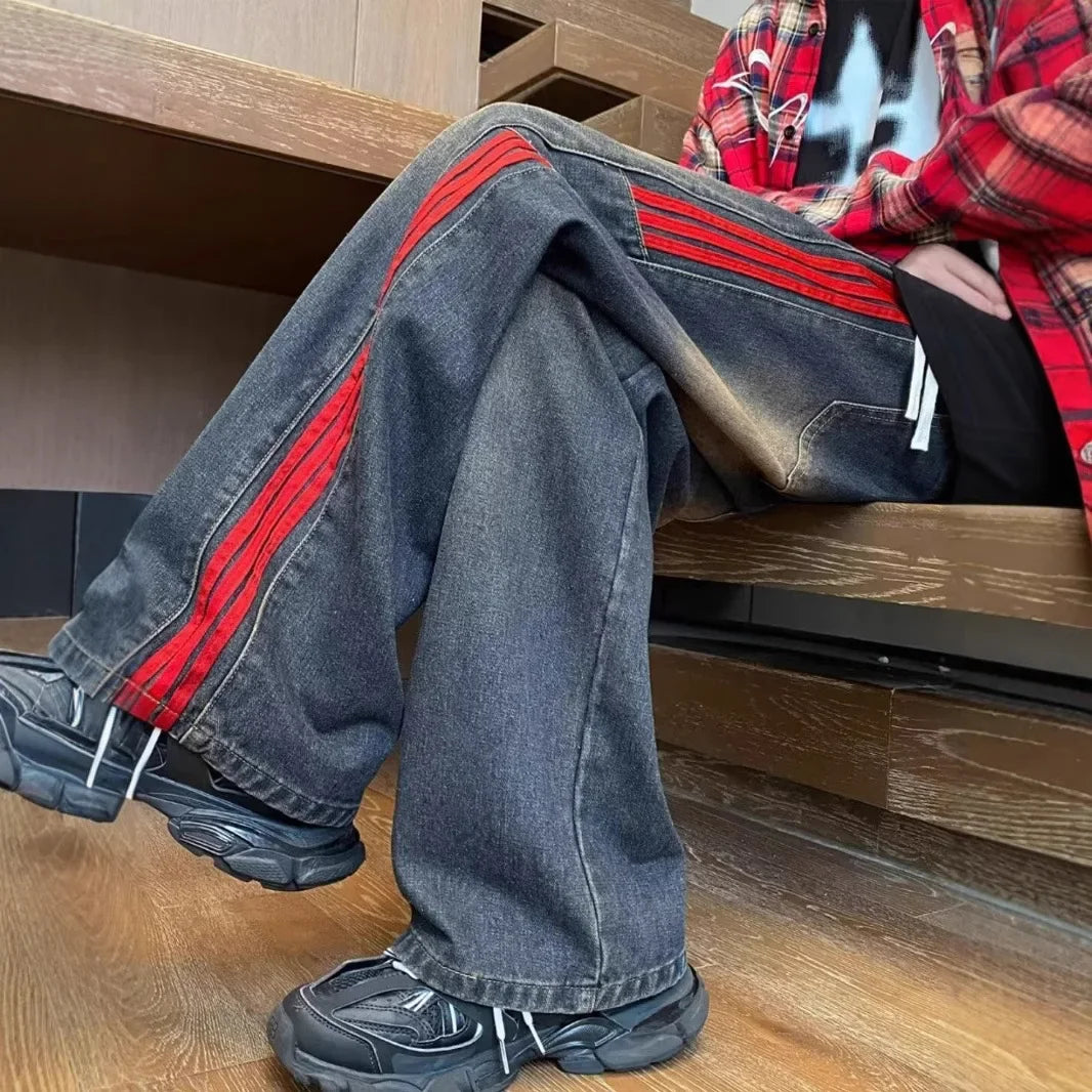 American Style Retro Men's Straight Leg Jeans Spring Autumn Trendy High Street Loose Wide Leg Long Pants Water Washed