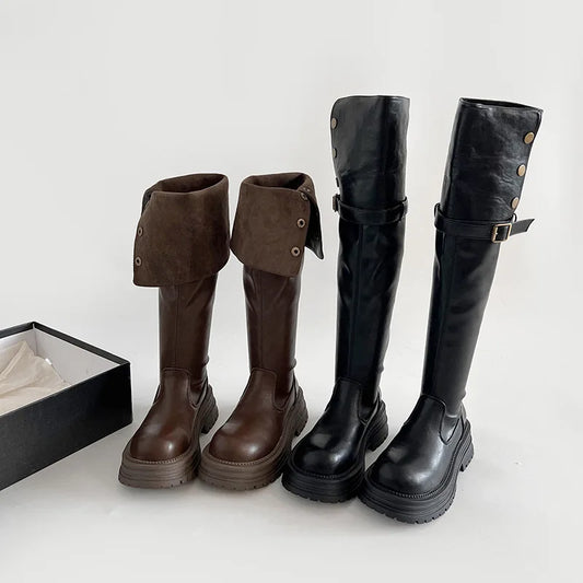 Over-the-Knee Boots2025Autumn and Winter New Retro British Style Chunky Heel Platform Boots Women's Tube Skinny Boots