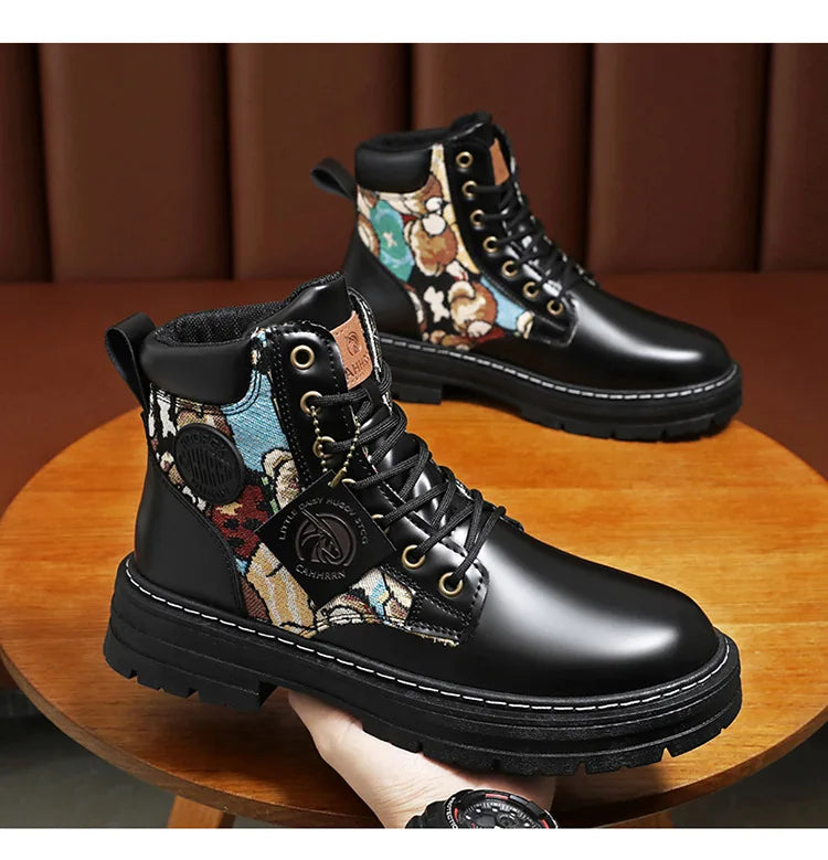 New Men's Boots Designer Luxury Men Working Boots High Tops Platform Leather Shoes for Men British style Motorcycle Botas Hombre