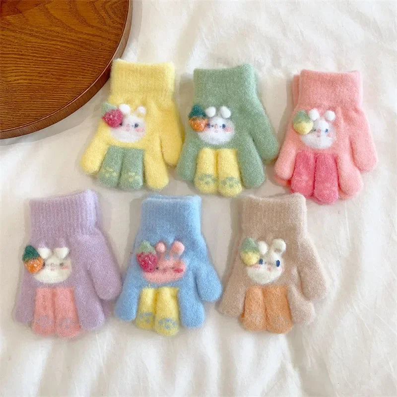 3-6Ages Children's Cute Strawberry Rabbit Kids Warm Gloves Autumn Winter Baby Boys Girls Five Finger Mittens Kindergarten Glove