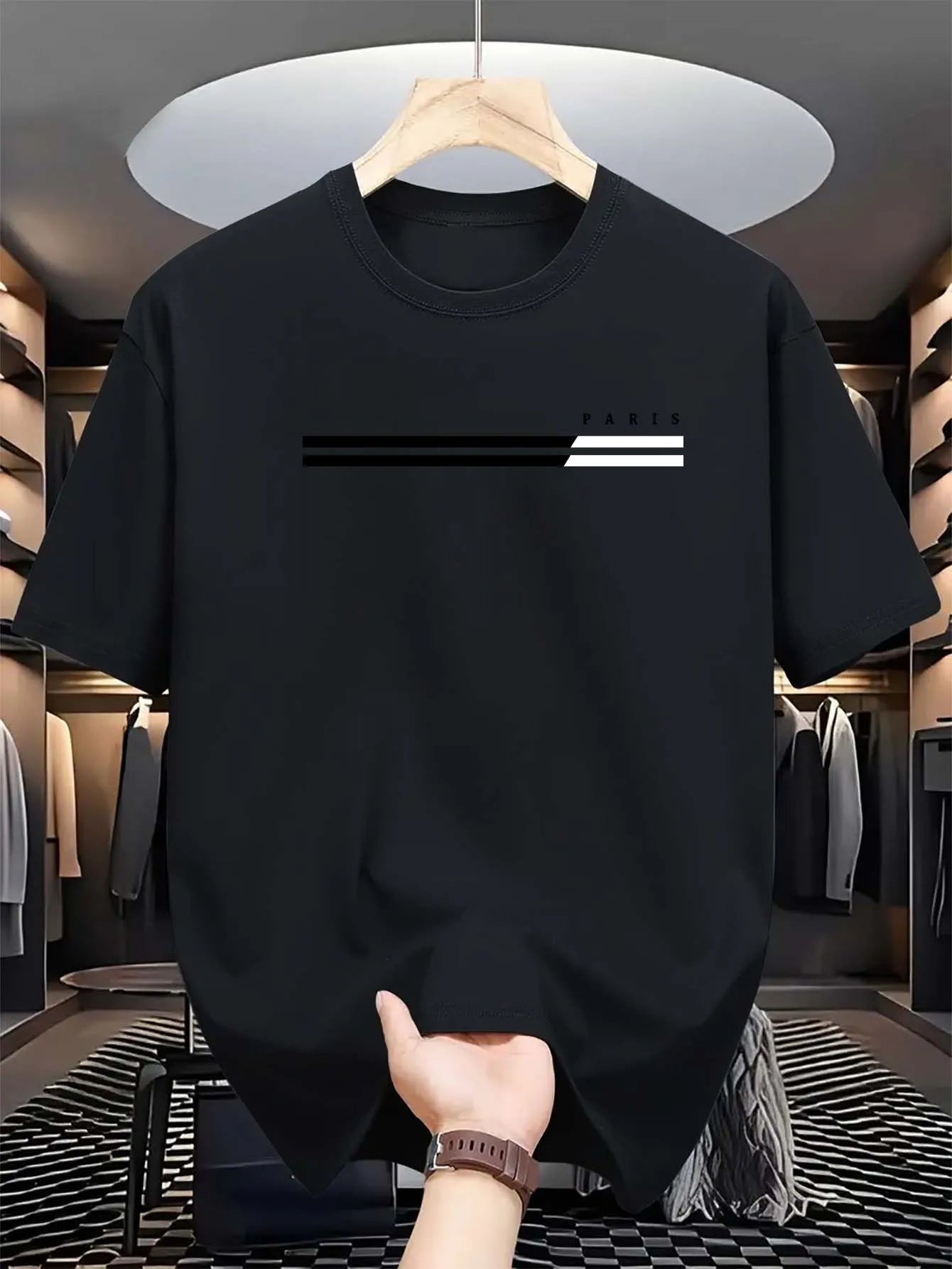 Men's summer loose size PARIS letter Graphic printed slim fit casual sports round neck short sleeved T-shirt top