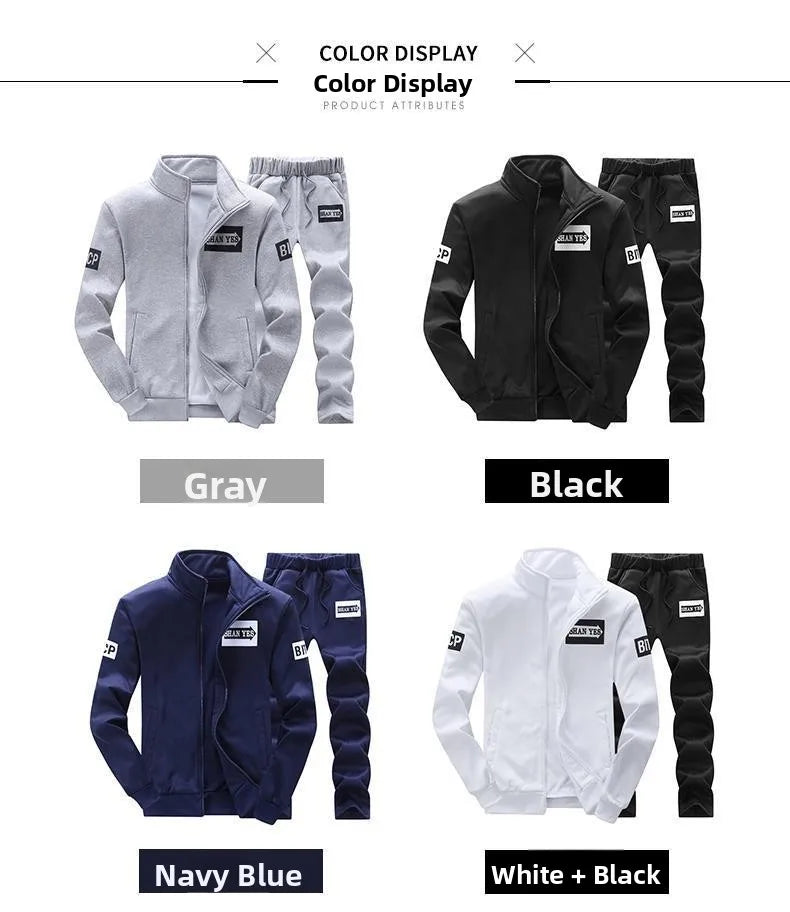 Trendy Hoodie Men's Stand Collar Jacket Casual Sportswear Long Pants Spring Autumn Youth plus Size Clothing Set