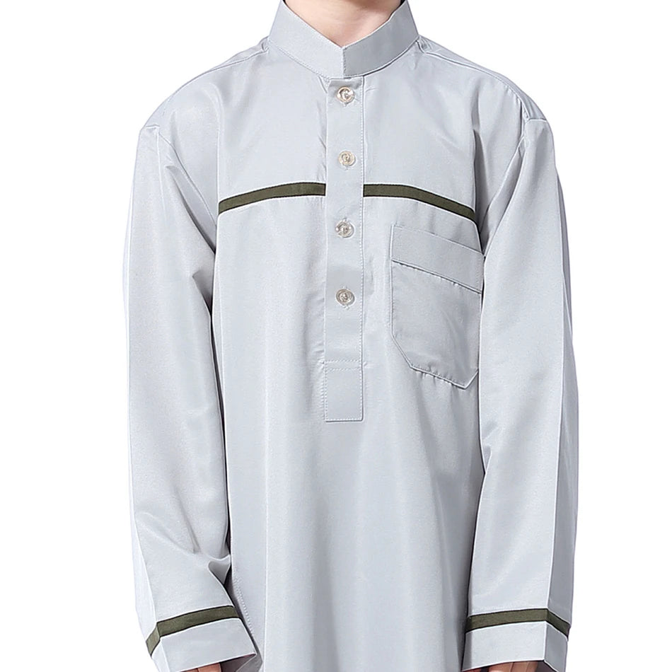 Ramadan Eid Islamic Boys Long Robe Children Traditional Arab Thobe Thawb Caftan Solid Color Long Sleeve Stand Collar with Pocket
