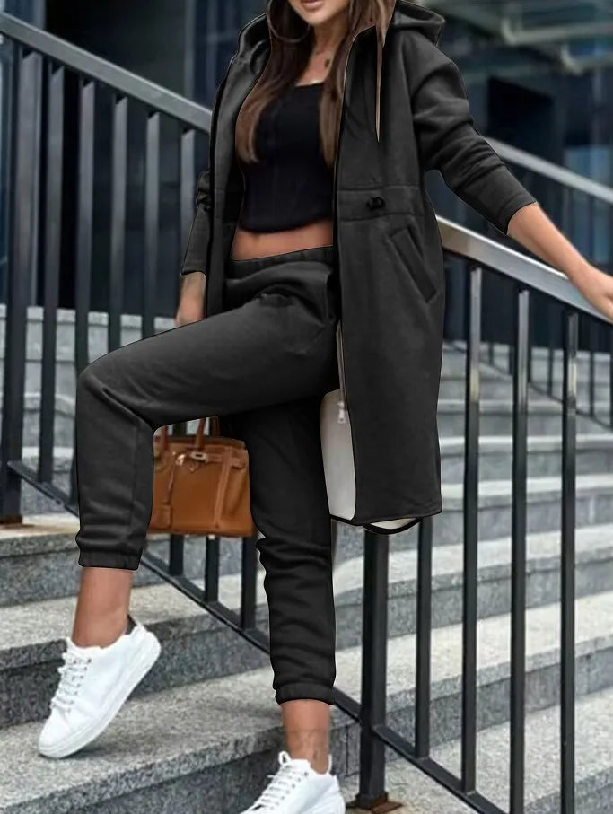 Pant Sets Women Hooded Zipper Long Coats Two Piece Suits Casual Straight Pants Thick Warm Coat Solid Sporty Autumn Winter