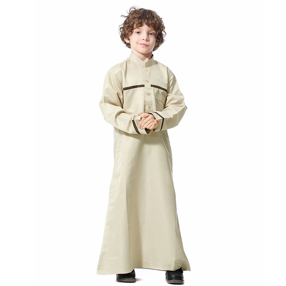Ramadan Eid Islamic Boys Long Robe Children Traditional Arab Thobe Thawb Caftan Solid Color Long Sleeve Stand Collar with Pocket