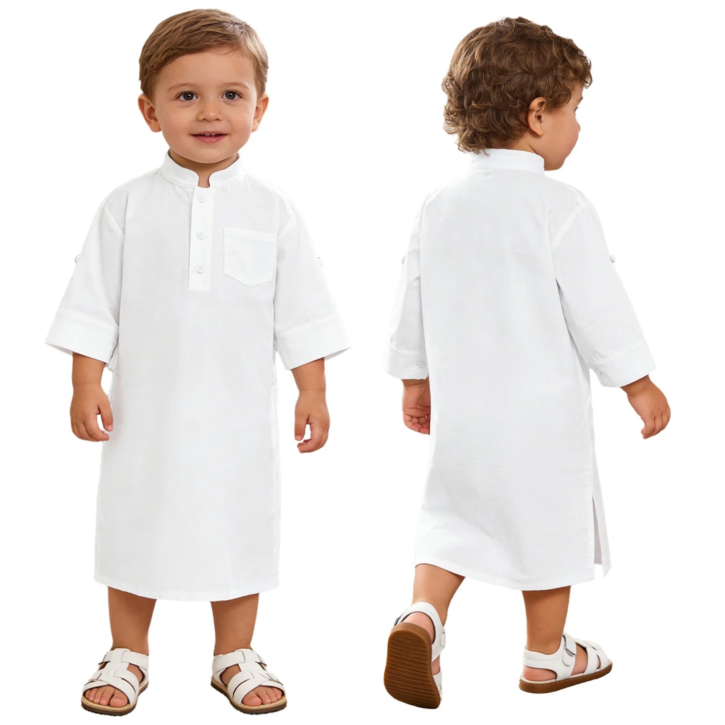 Muslim Baby Boys Robe Ramadan Eid Abaya Stand Collar Short Sleeve Satin Dress Gown with Pocket Arabic Islamic Dubai Kaftan Thobe