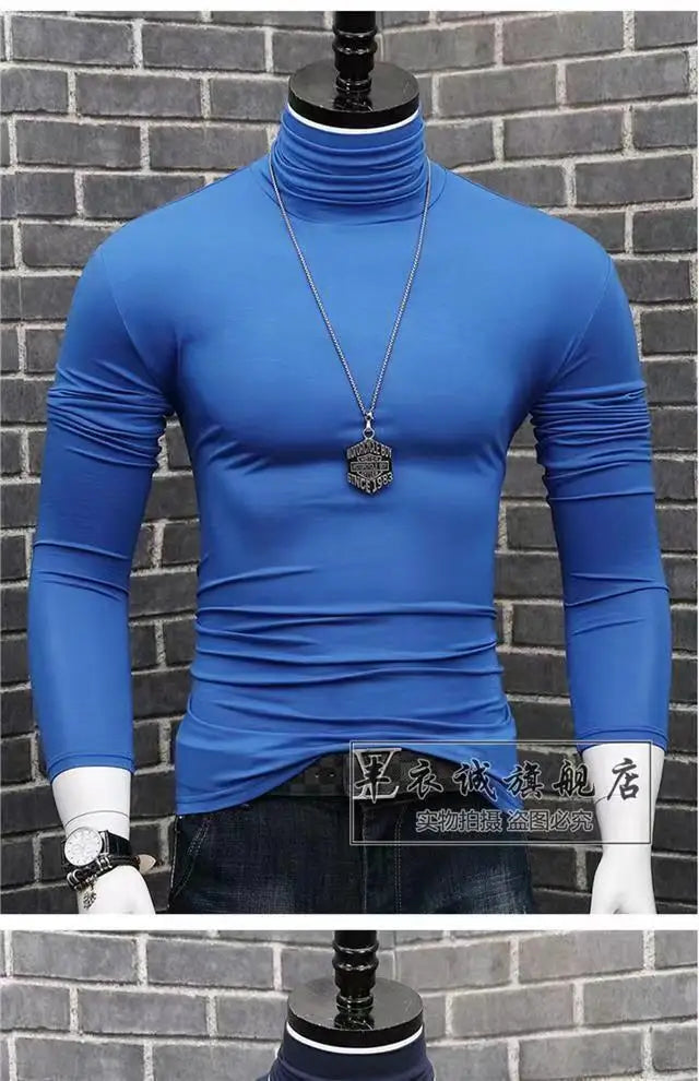 Trendy Casual Turtleneck Men's Modal Winter Sweater turtleneck Cool Blouse Tight Modal T-shirt Youth Solid Color Base Shirt Top