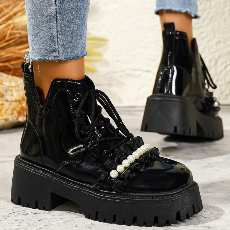 Black Platform Casual Women's Ankle Boots 2025 New Designer Autumn Winter British Style Boots Shoes for Women Botas De Mujer