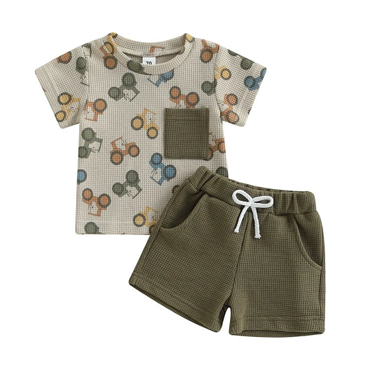 Baby Toddler Boy Summer Outfit Waffle Tractor Print Short Sleeve T-shirts Solid Elastic Waist Shorts 2 Piece Summer Set
