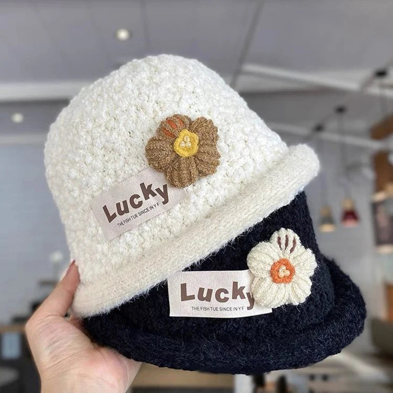 Winter Warm Baby Knitted Bucket Hat Sweet Crochet Flower Girls Curled Fisherman Hats 2-8Year Children Thicken Woolen Basin Cap