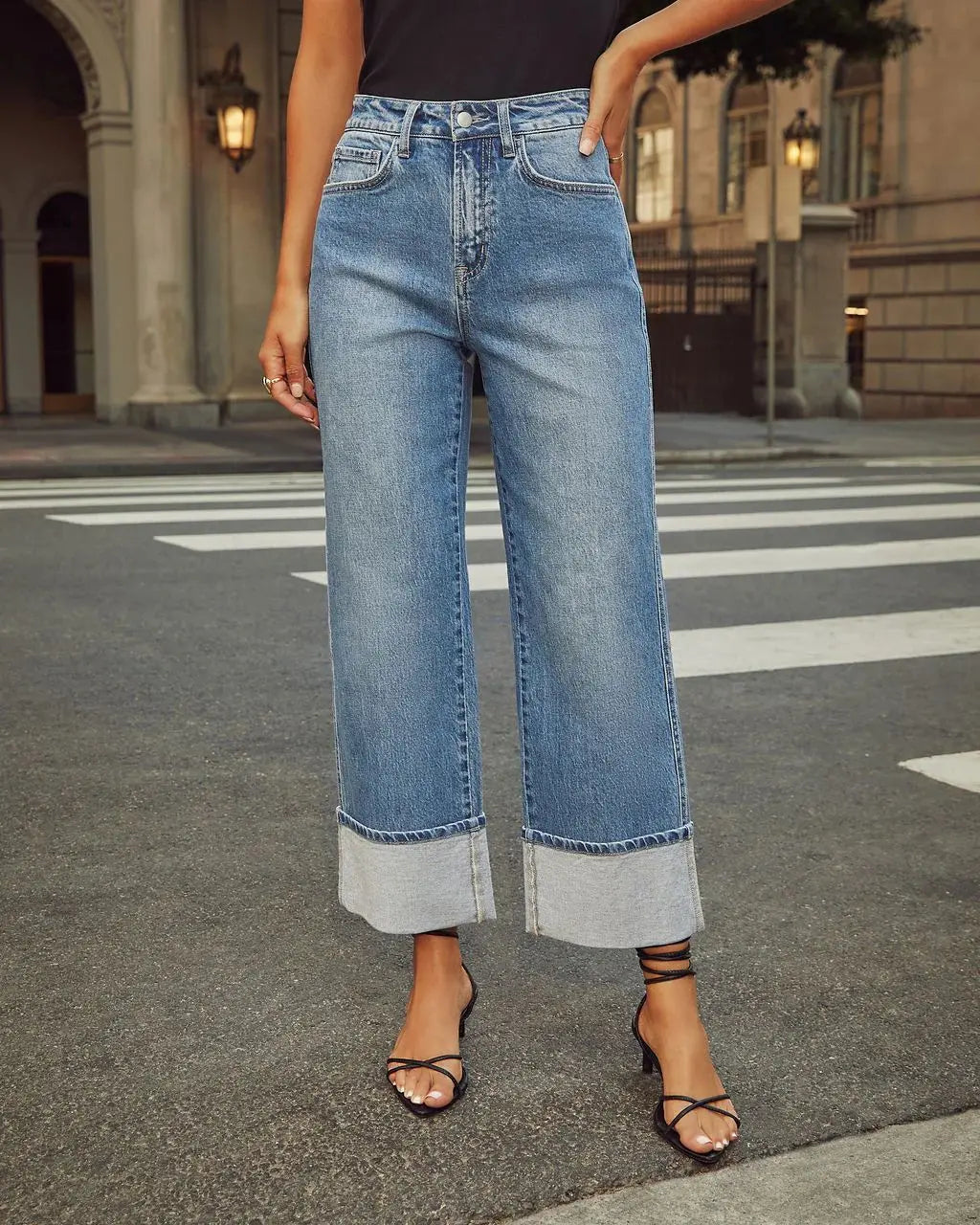 Fashion Street Loose Curly Hem Nine-quarter Jeans, Women's Autumn and Winter New Comfortable and Casual Straight-leg Jeans Y2k