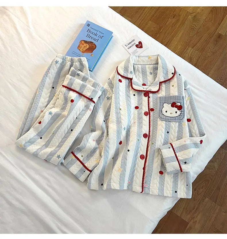 Hot Sanrio Girl Loungewear Set Hello Kitty Anime Kawaii Casual Loose Comfort Air-Layer Fabric 2-Piece Set Children Clothing New