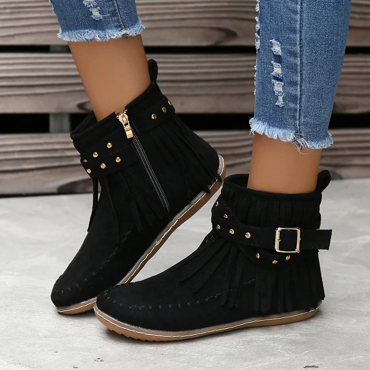 Botines Autumn Women Shoes Flat Heel Ankle Boots Retro Suede Tassel Women Boots Fashion Round Toe Soft Sole Short Boots Casual