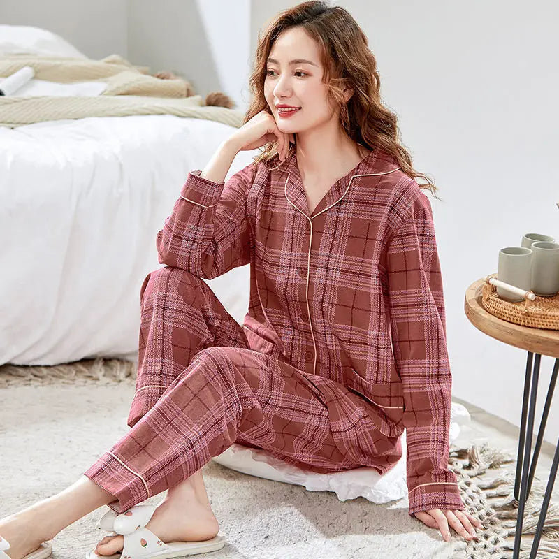 Antibacterial Pure Cotton Sleepwear Long Sleeve Loose Home Clothes Set for Women plus Size Spring Summer Autumn Winter