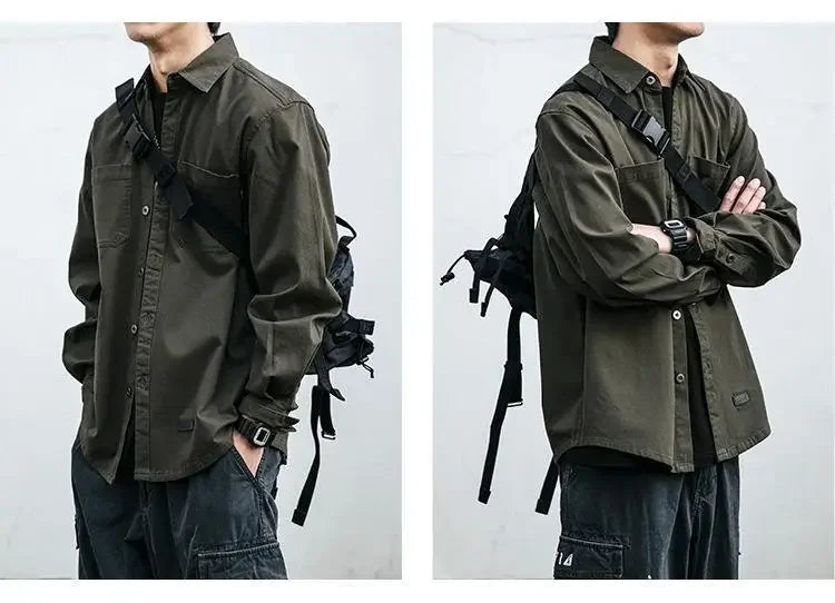 Retro Japanese Style Long Sleeve Workwear Shirt Men's Loose Casual Coat with Pocket Youth Versatile Spring Autumn Fashion
