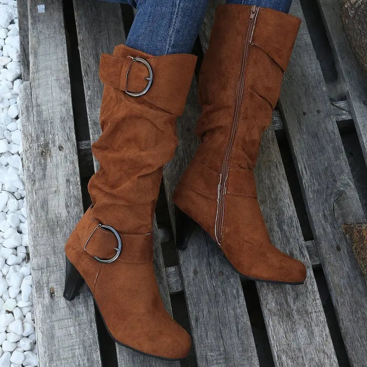 Women's Boots Side Zipper Modern Boots Fashion Pointed Toe Shoes High Heels Suede Mid-Calf Boots Solid Belt Buckle Casual Boot