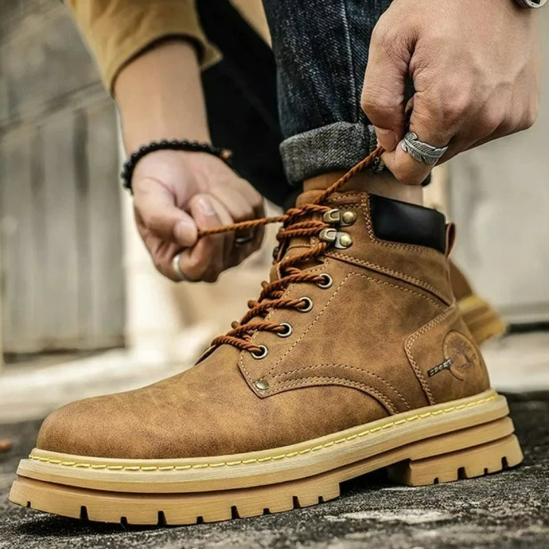 Men Ankle Boots Platform Leather Boots 2025 Fashion Brown Lace-up Boot High Top Comfortable Casual Shoes Non-slip Work Men Boots