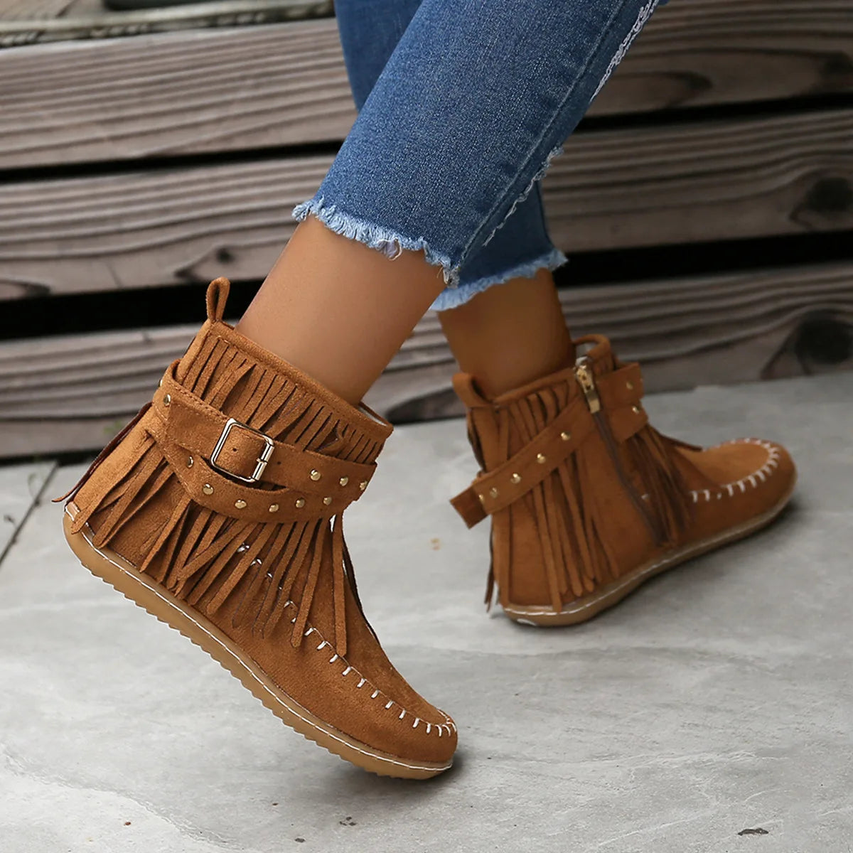 Botines Autumn Women Shoes Flat Heel Ankle Boots Retro Suede Tassel Women Boots Fashion Round Toe Soft Sole Short Boots Casual