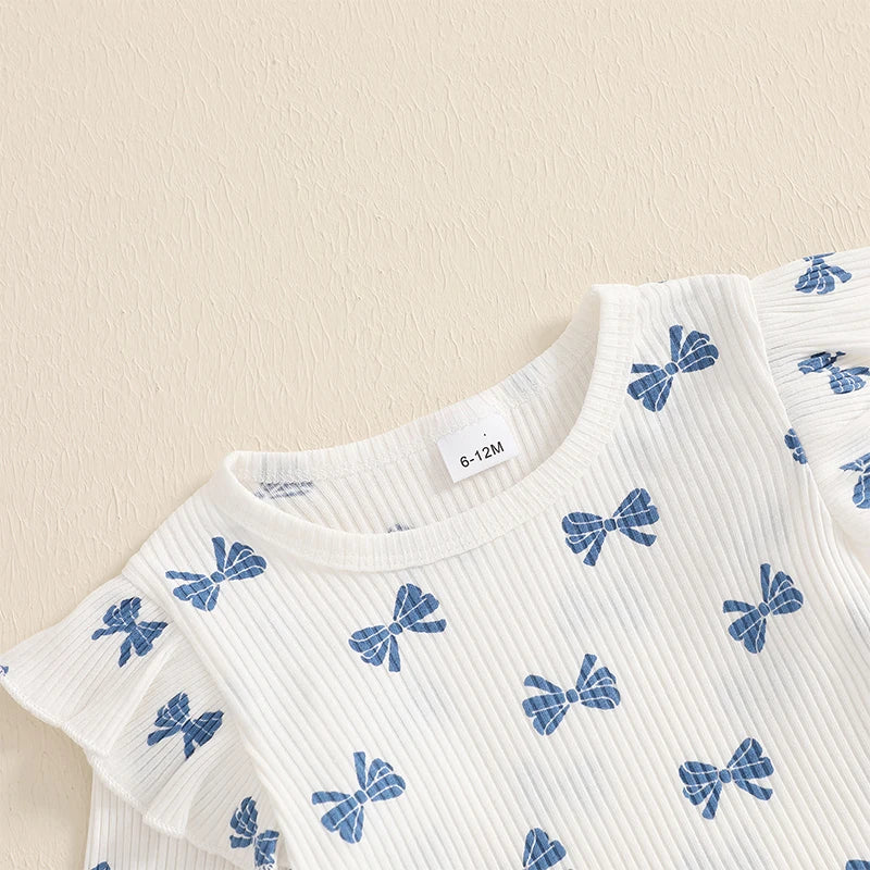 Pudcoco Kid Infant Baby Girls Pants Set, Bow Print Long Sleeve Crew Neck T-shirt with Flare Pants Fall Outfit 6M-4T