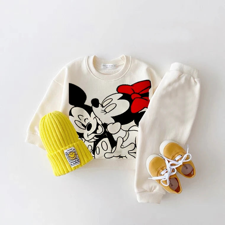 Minnie Sweatshirt Suits Black White Two Piece Set Spring Autumn Costume Fashion Simple Hoodies Sweatpants Kids New Clothing