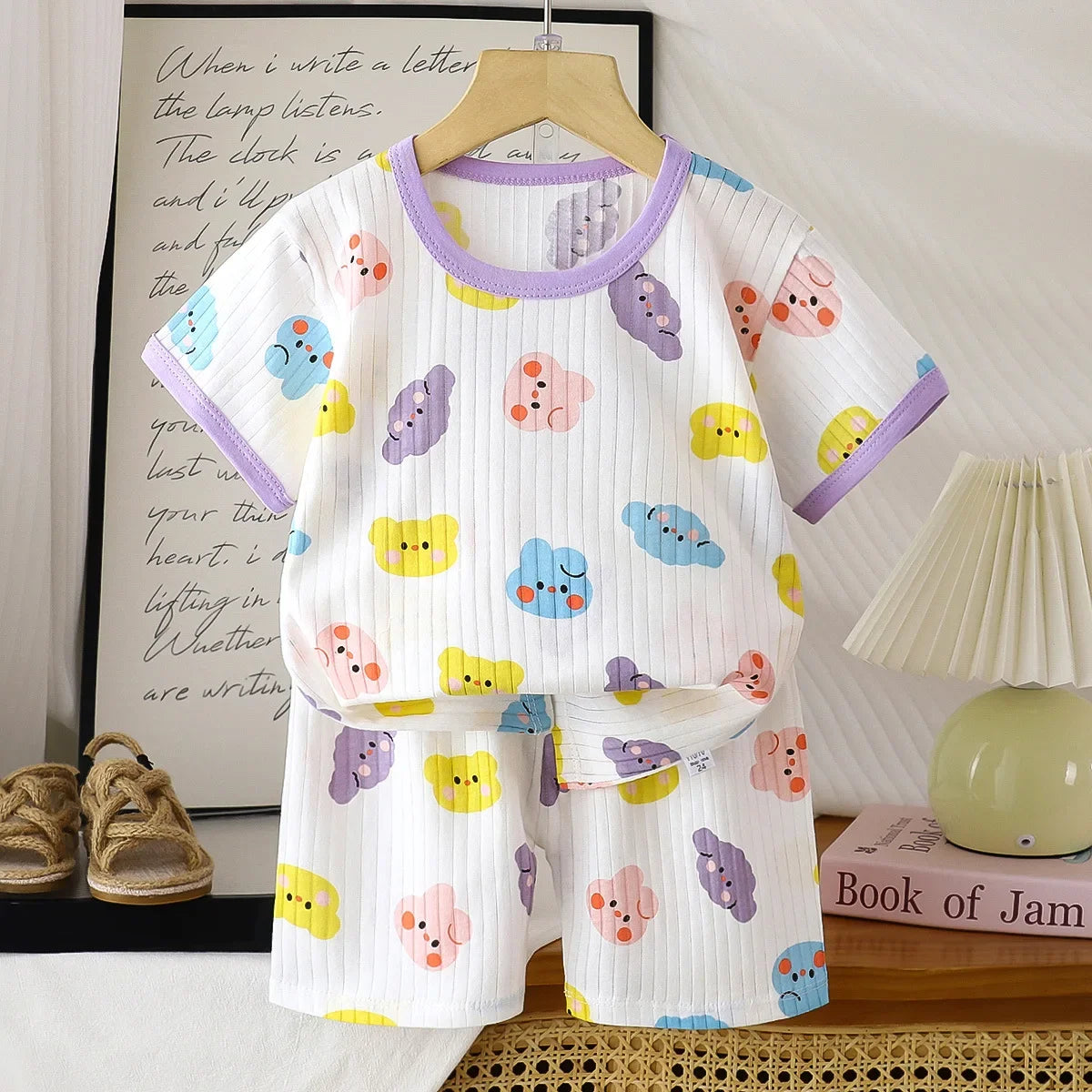 Kids Summer Pure Cotton Clothing Sets Boys Girls Cute Cartoon Short Sleeve T-Shirt Tops with Shorts Toddler Baby Casual Pajamas