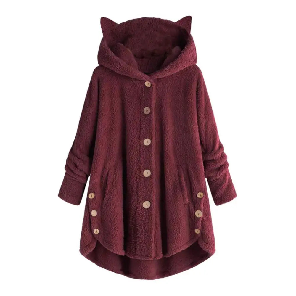 Cat's Ears Women Hoodie Plus Warm Hooded Sweatshirt Cute Winter Cute Ears Hooded Irregular Hem Buttons Jacket Fleece Coat