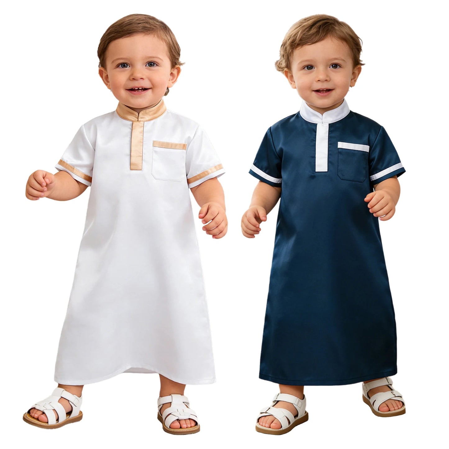 Muslim Baby Boys Robe Ramadan Eid Abaya Stand Collar Short Sleeve Satin Dress Gown with Pocket Arabic Islamic Dubai Kaftan Thobe