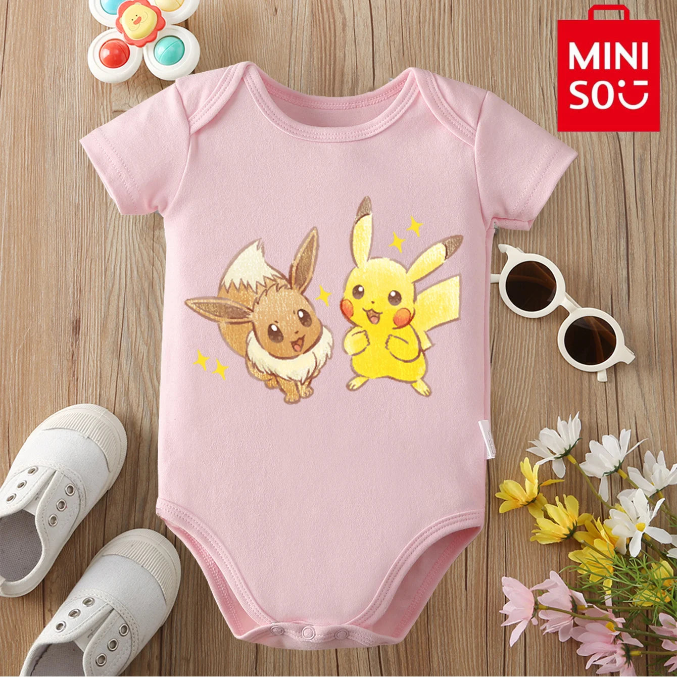 MINISO Pure Cotton Cute Pokemon Pikachu Print Bodysuit Baby Soft Cloths Gift for Baby Onesie Jumpsuit for 0 To 12 Months Newborn