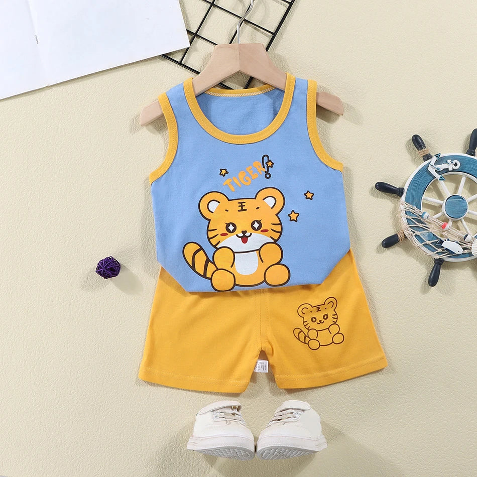 2 Pcs Summer Children's Animal Cartoon Print Vest Sets Girls Clothes Baby Korean Thin Boys Kids Sleeveless Casual Clothing Sets