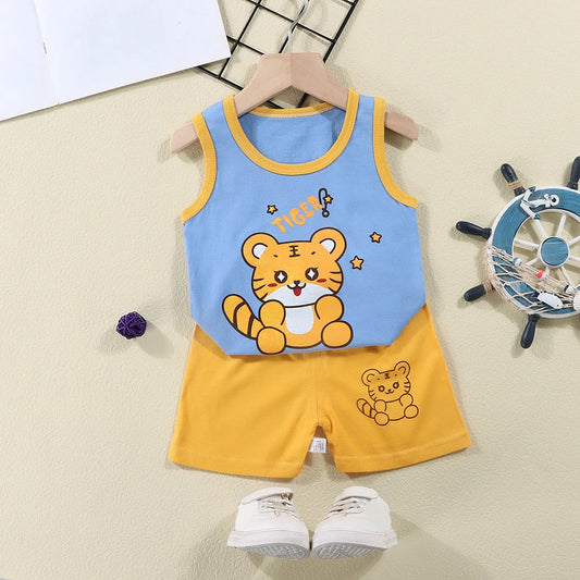 2 Pcs Summer Children's Animal Cartoon Print Vest Sets Girls Clothes Baby Korean Thin Boys Kids Sleeveless Casual Clothing Sets