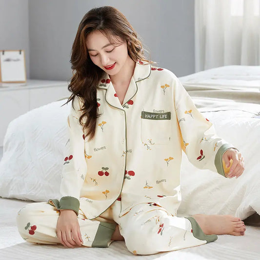 Antibacterial Pure Cotton Sleepwear Set for Women Loose Long Sleeve Home Clothes Cardigan Pants Fashionable Korean Style