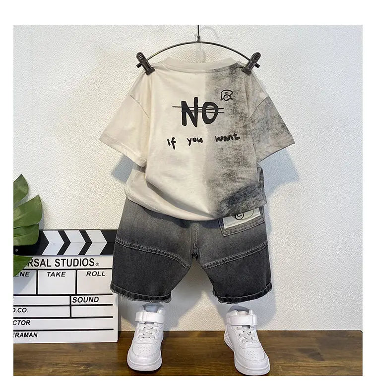 Korean Baby Boys Summer Sets Children's Clothing Short-Sleeved Letter T-Shirt & Denim Shorts Kids Boys Outfits Clothes 2-11Y