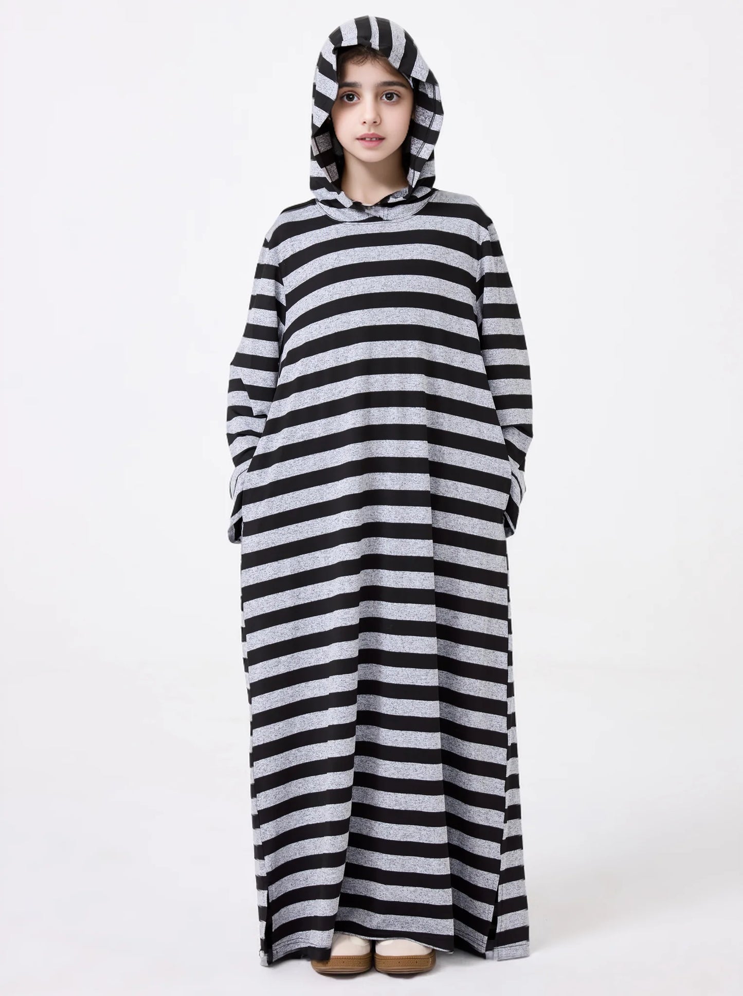 Middle Eastern Muslim Kids Abaya Girl Dress With Striped V-neck Hood