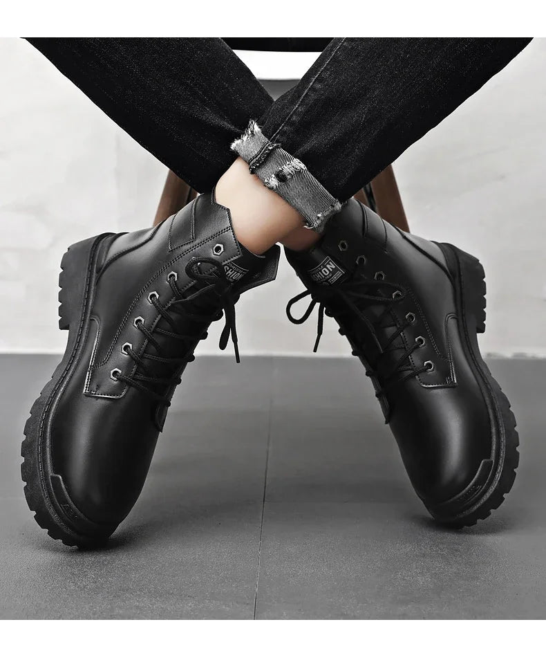 Men's Boots Fashion Motorcycle Ankle Boot New High Top Leather Boots for Men Non Slip Platform Work Safety Boot Botas Hombre