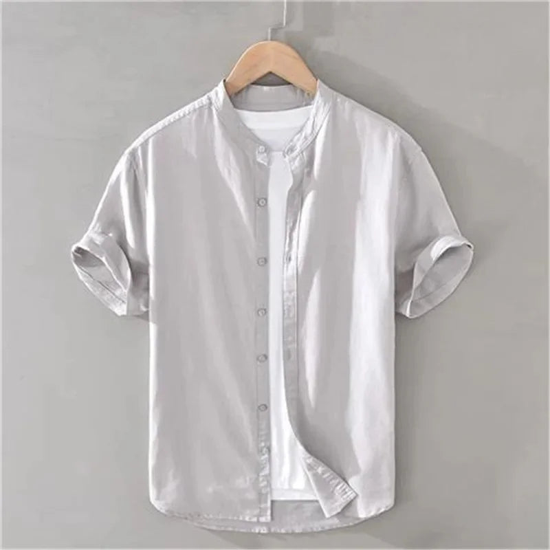 Japanese Style Loose Fit Lightweight Short Sleeve Linen Shirt round Neck Summer Casual Menswear White Cotton Linen Blend