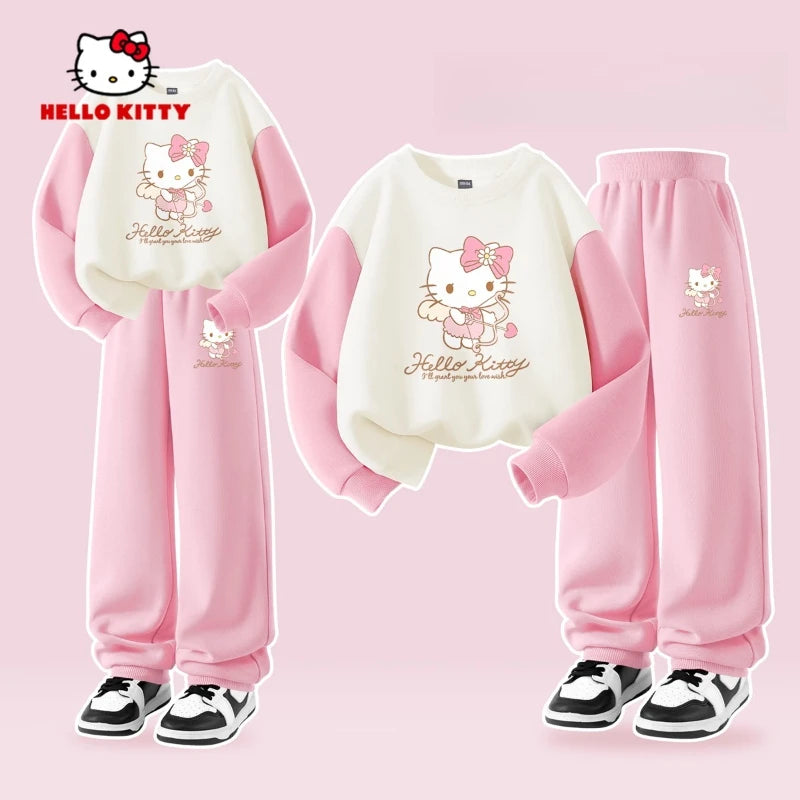 Sanrio Autumn Baby Girls Clothes Set Kid Hello Kitty Printed Sweatshirts Pullover Top & Pants 2pcs Children Patchwork Tracksuit