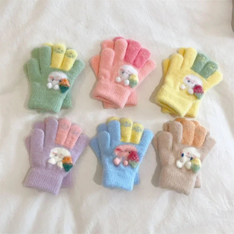 3-6Ages Children's Cute Strawberry Rabbit Kids Warm Gloves Autumn Winter Baby Boys Girls Five Finger Mittens Kindergarten Glove