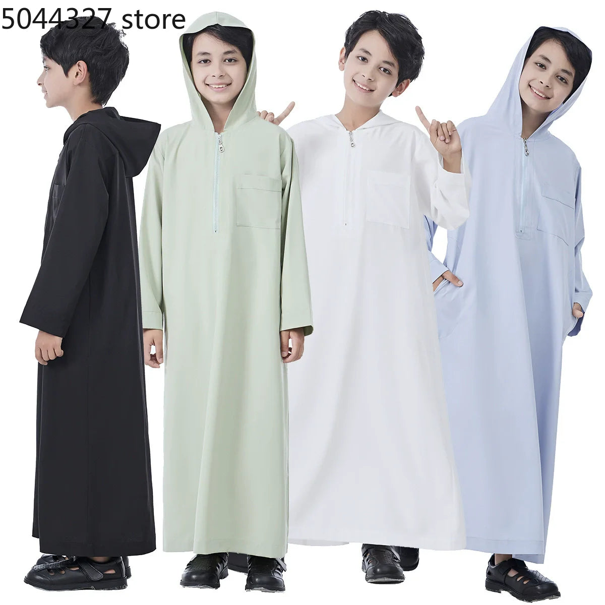 Boys Kids Islamic Muslim Hooded Juba Kaftan Robe Arabian Dubai Qatar Boy Long Sleeve Shirt Abaya Robe Dress Solid Color