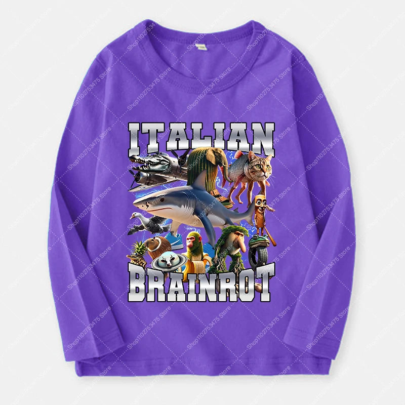 Italian Brainrot Long Sleeve T-shirt for Kids Funny Meme Children Autumn Tops Tung Tung Tung Sahur Tee Boy Girl Clothing Gifts