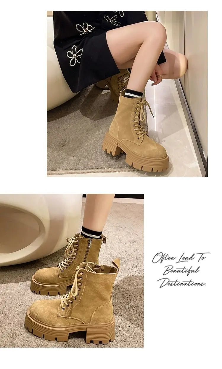 Women's Boots Retro Leather Designer Shoes for Women Luxury Short Boots Platform Non-slip Motorcycle Shoes Round Toe Ankle Boots