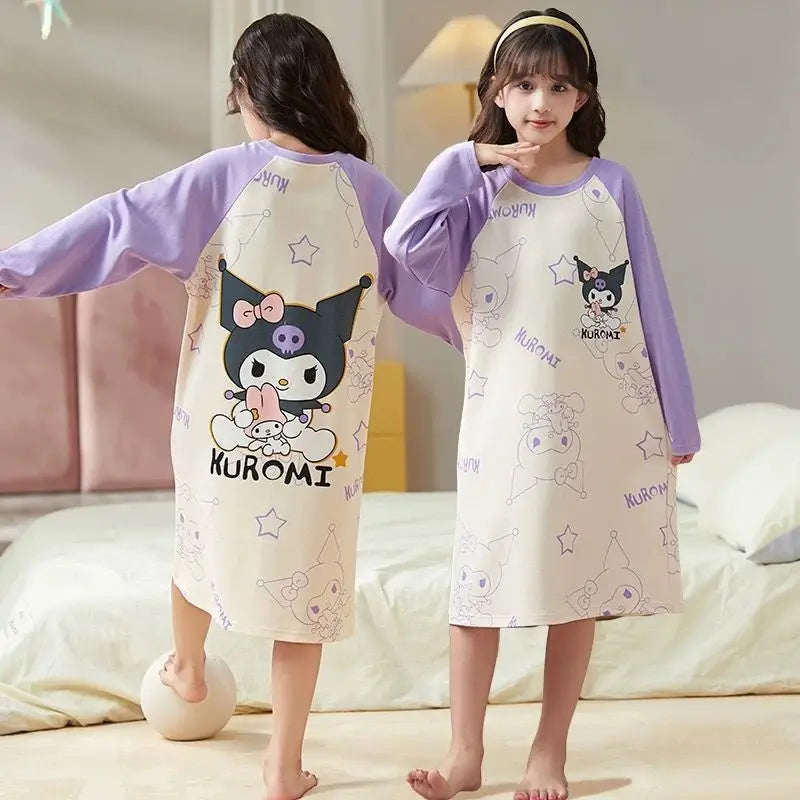 Sanrio My Melody Girls Pajama Kuromi Spring Autumn Long Sleeve Pure Cotton Children's Nightgown Cute Sleepwear Robe Loungewear