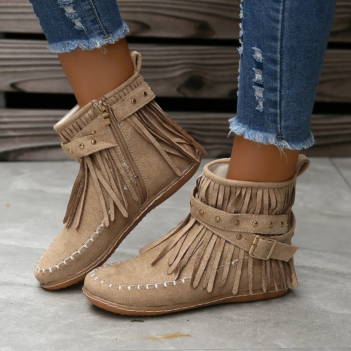 Botines Autumn Women Shoes Flat Heel Ankle Boots Retro Suede Tassel Women Boots Fashion Round Toe Soft Sole Short Boots Casual