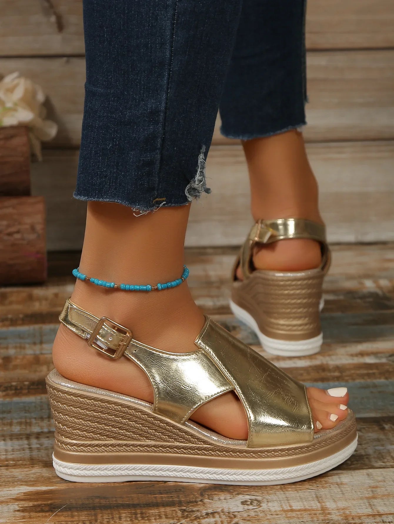 Women Shoes  Fashion Peep Toe Women Wedge Sandals Summer High-heeled Fish Mouth Shoes Soft Leather Height-increasing Beach Shoes