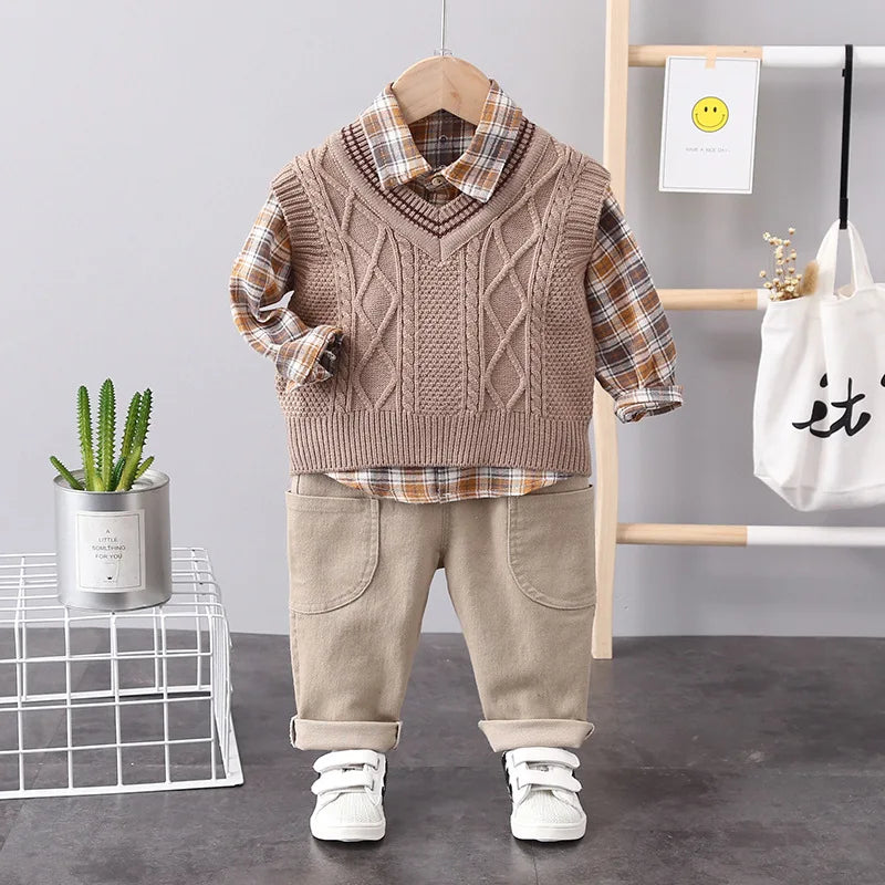 New Spring Autumn Baby Boys Clothes Suit Children Casual Plaid Shirt Vest Pants 3Pcs/Sets Toddler Cotton Costume Kids Tracksuits